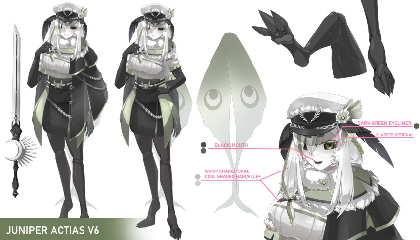 1girl, antennae, arthropod_girl, black_coat, black_sclera, breasts, chitin, coat, colored_sclera, glasses, green_eyes, green_skirt, green_streaks, hat, highres, indie_virtual_youtuber, insect_wings, juniper_(artist), juniper_actias, juniper_actias_(commander), large_breasts, long_hair, military_hat, military_uniform, moth_antennae, moth_girl, moth_wings, shirt, skirt, sword, virtual_youtuber, weapon, white_hair, white_hat, white_shirt, wings