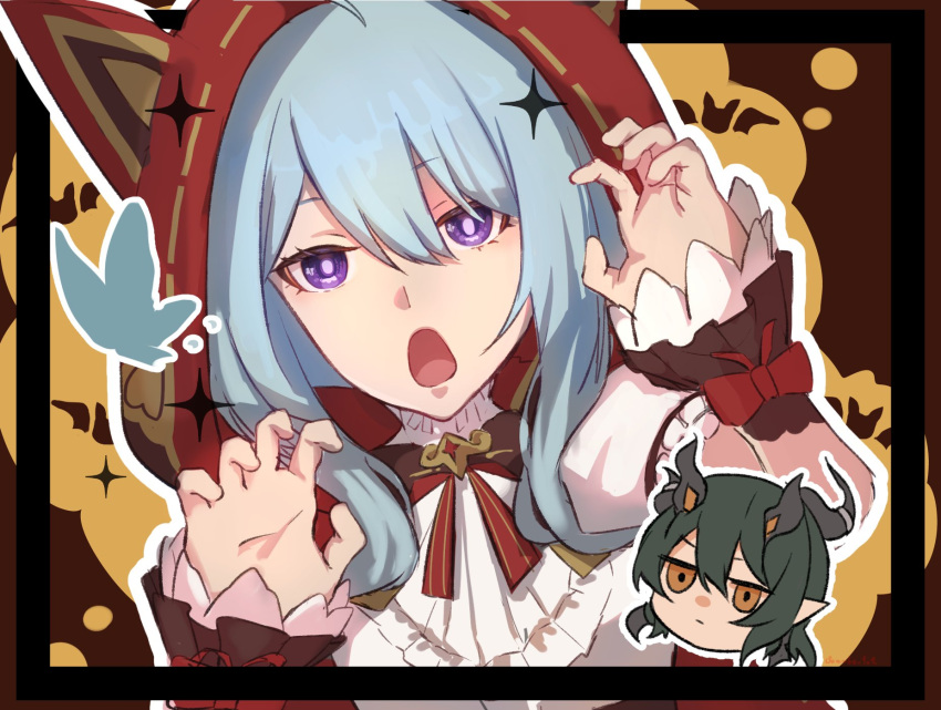 1boy, 1girl, black_horns, black_horse, blue_hair, bug, butterfly, claw_pose