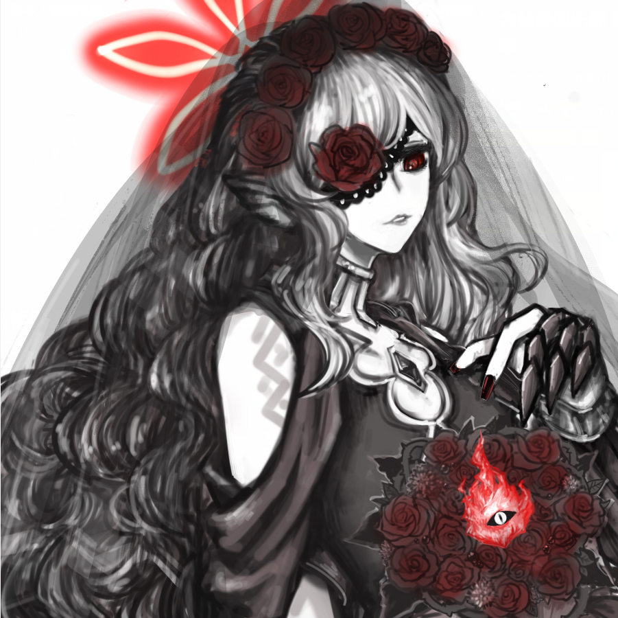 1girl, animal_ears, bat_ears, bat_girl, blailver, bouquet, bride, brooch