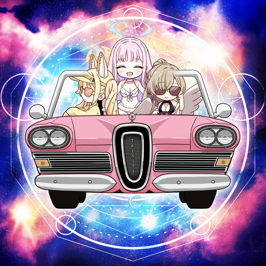 3girls, angel_wings, animal_ears, bikini, blonde_hair, blue_archive, car, fox_ears