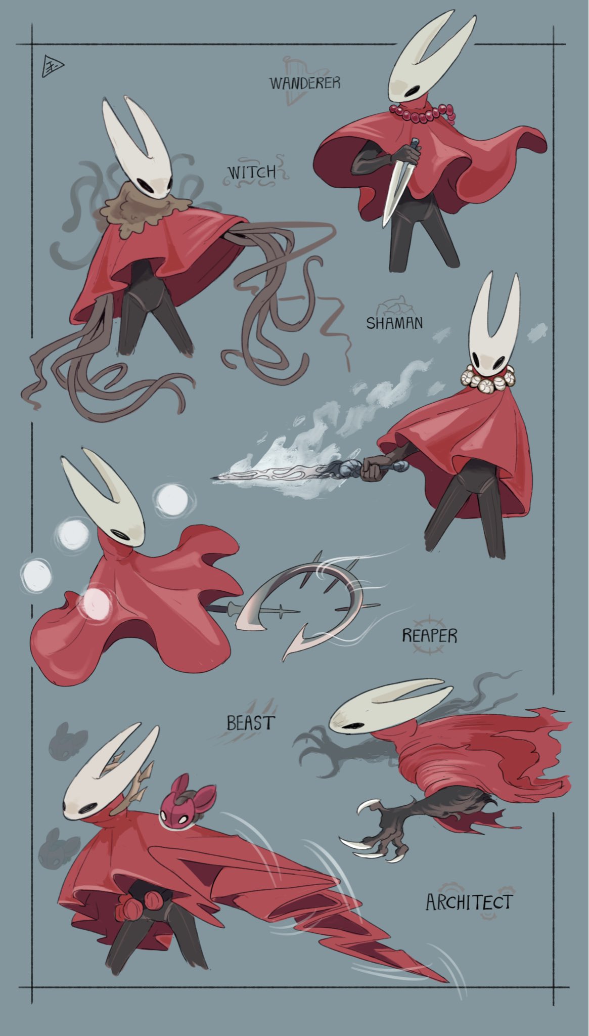 1girl, arthropod_girl, bead_necklace, beads, black_eyes, black_skin, blue_background, bomb, claws, cloak, cogfly_(hollow_knight), colored_skin, crest_(hollow_knight), dagger, english_text, explosive, fol463, highres, holding, holding_dagger, holding_knife, holding_polearm, holding_sword, holding_weapon, hollow_eyes, hollow_knight, hollow_knight:_silksong, horned_mask, hornet_(hollow_knight), jewelry, knife, mask, multiple_views, necklace, needle_(hollow_knight), polearm, red_cloak, simple_background, sword, tentacles, tentacles_under_clothes, tool_(hollow_knight), weapon, white_mask