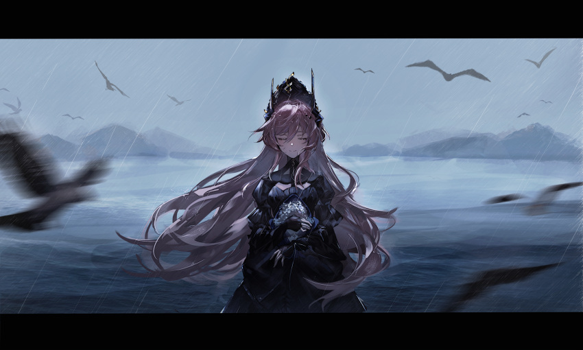 1girl, absurdres, arknights, bird, black_dress, bouquet, closed_eyes, closed_mouth, dress, h4nam1, hair_between_eyes, highres, holding, holding_bouquet, horns, letterboxed, long_hair, long_sleeves, ocean, pink_hair, rain, solo, theresa_(arknights)