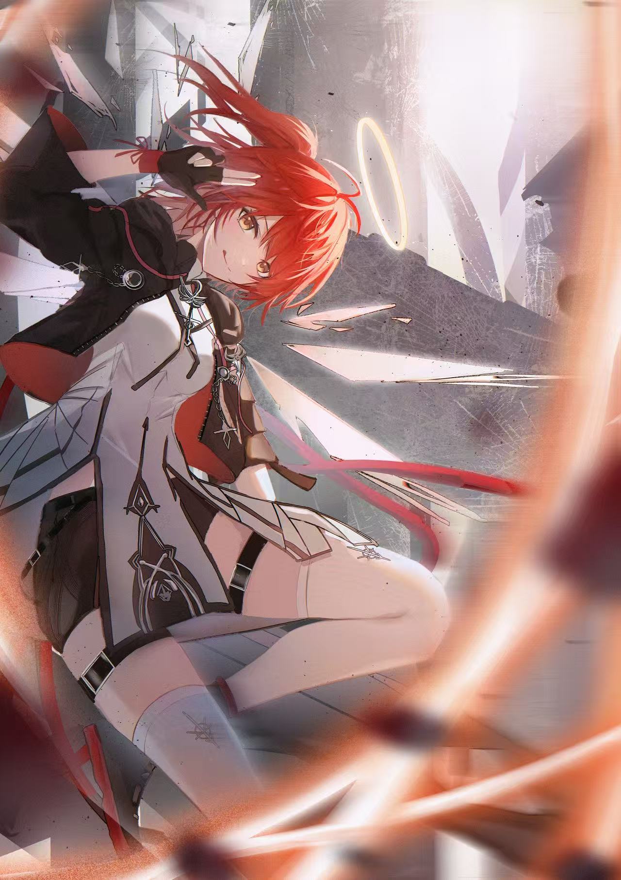 1girl, arknights, black_gloves, black_jacket, black_shorts, exusiai_(arknights), exusiai_the_new_covenant_(arknights), gloves, h4nam1, highres, jacket, looking_at_viewer, medium_hair, one_side_up, open_clothes, open_jacket, orange_eyes, partially_fingerless_gloves, red_hair, shirt, shorts, solo, thigh-highs, thigh_strap, white_shirt, white_thighhighs