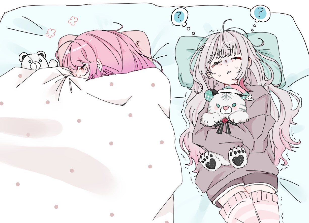 2girls, ?, blanket, closed_eyes, grey_hair, haruse_(p7046991557647), holding, holding_stuffed_toy