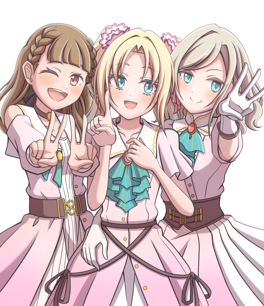 3girls, ;d, aqua_ascot, aqua_eyes, ascot, bare_shoulders, blonde_hair, blue_eyes