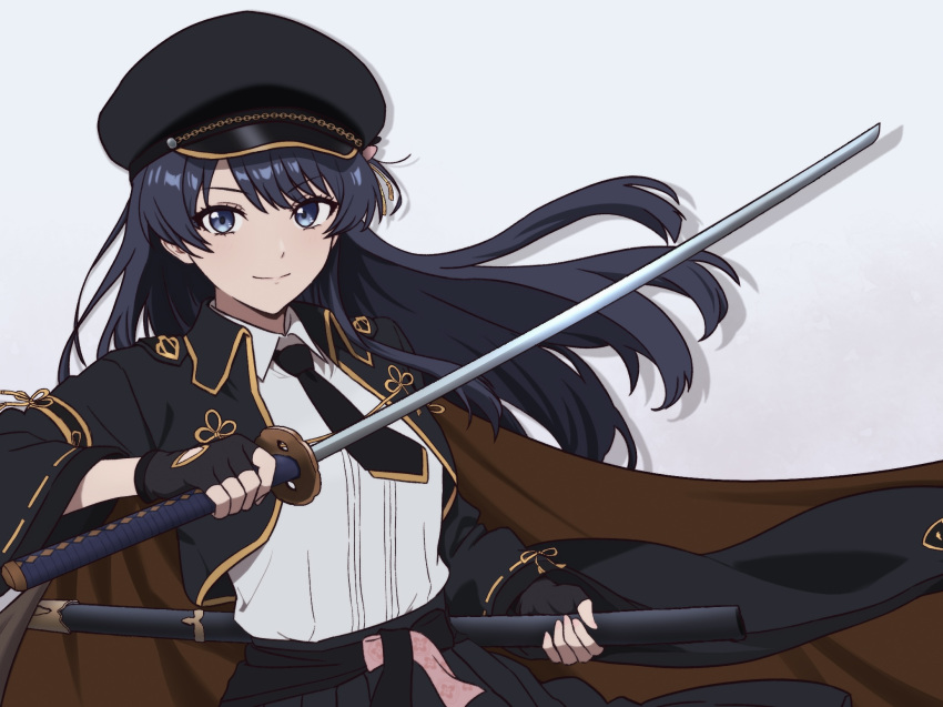 >:), 1girl, black_gloves, black_hat, black_jacket, black_necktie, black_skirt, blue_eyes