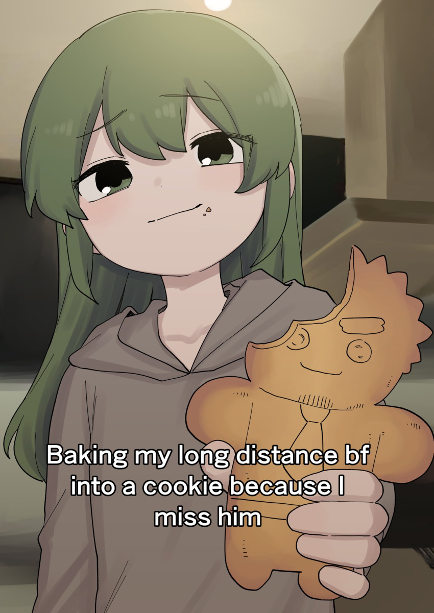 1girl, baking_my_long_distance_bf_into_a_cookie_because_i_miss_him_(meme), brown_hoodie, closed_mouth, commentary, cookie, crumbs, english_text