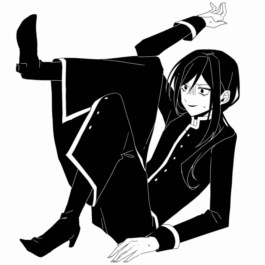 1boy, androgynous, arm_support, arm_up, boots, buttons, cassock, commentary_request