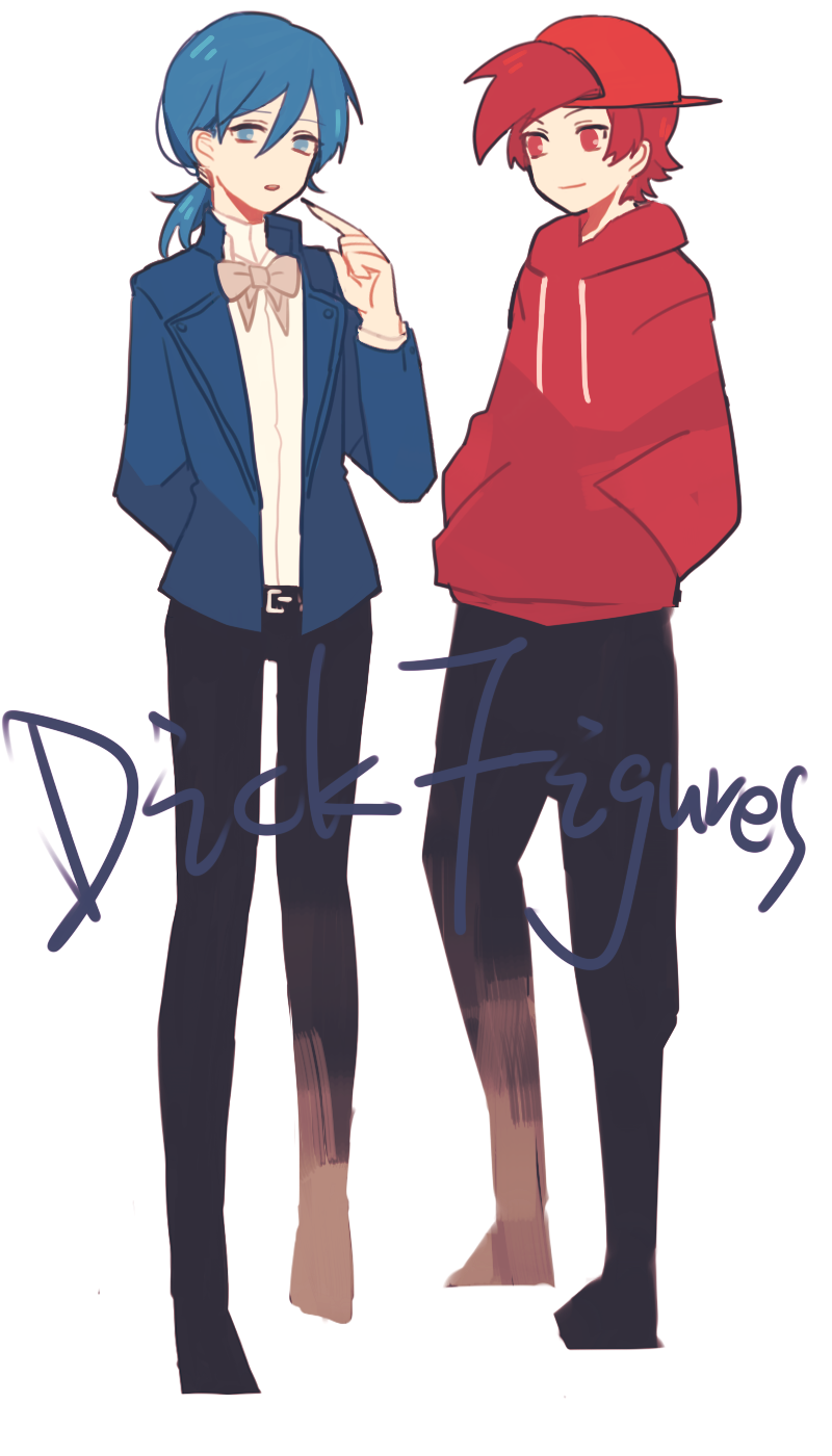 2boys, animification, arm_behind_back, backwards_hat, baseball_cap, belt, black_belt, black_nails