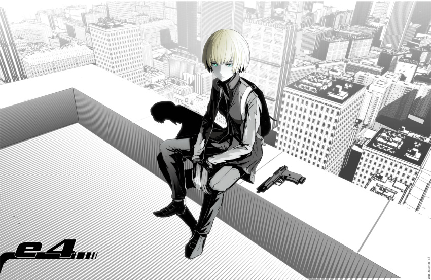 arsenixc, bad_id, blonde_hair, city, gun, handgun, heckler_&amp;_koch, monochrome