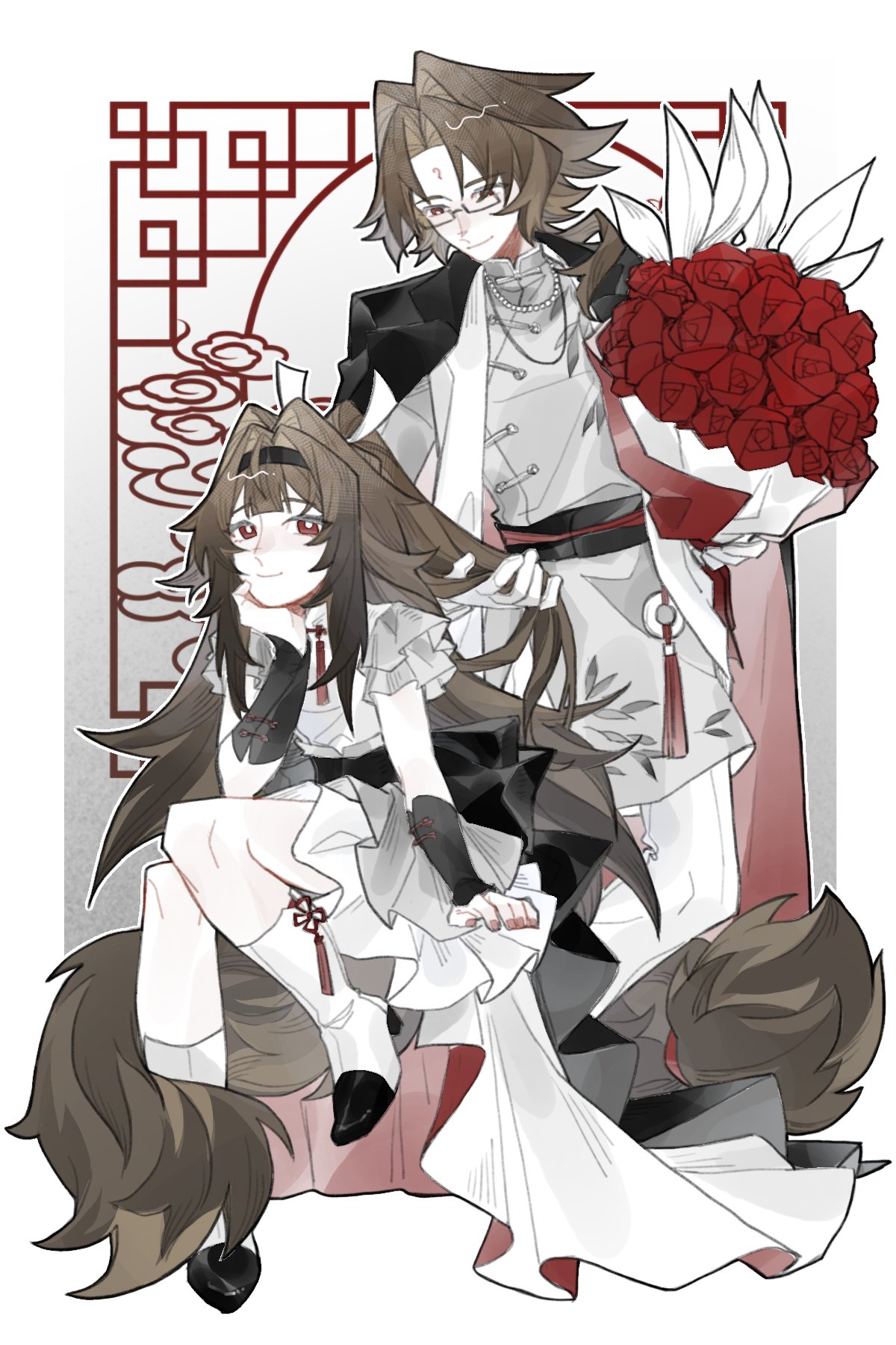 1boy, 1girl, alternate_costume, behind_another, black_coat, black_hairband, bouquet, bright_pupils