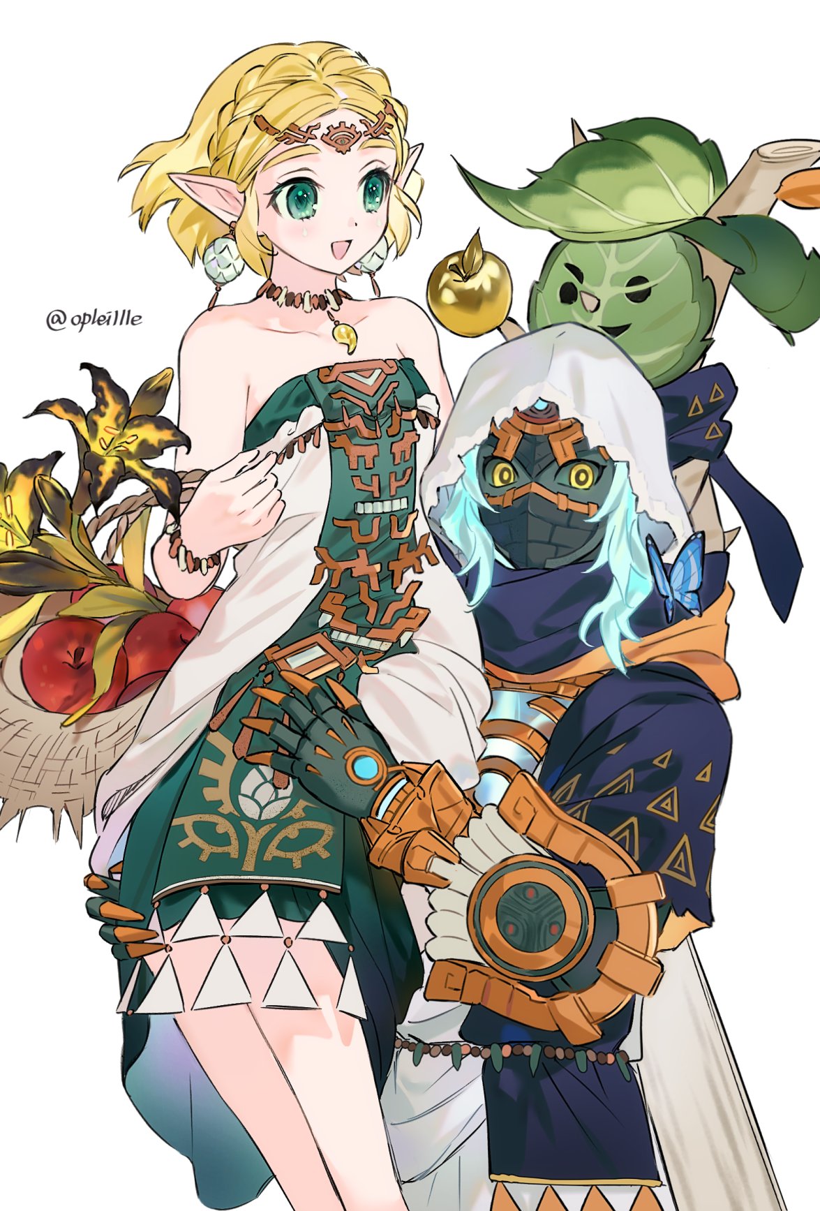 1boy, 1girl, apple, aqua_hair, artist_name, basket, blonde_hair, bracelet