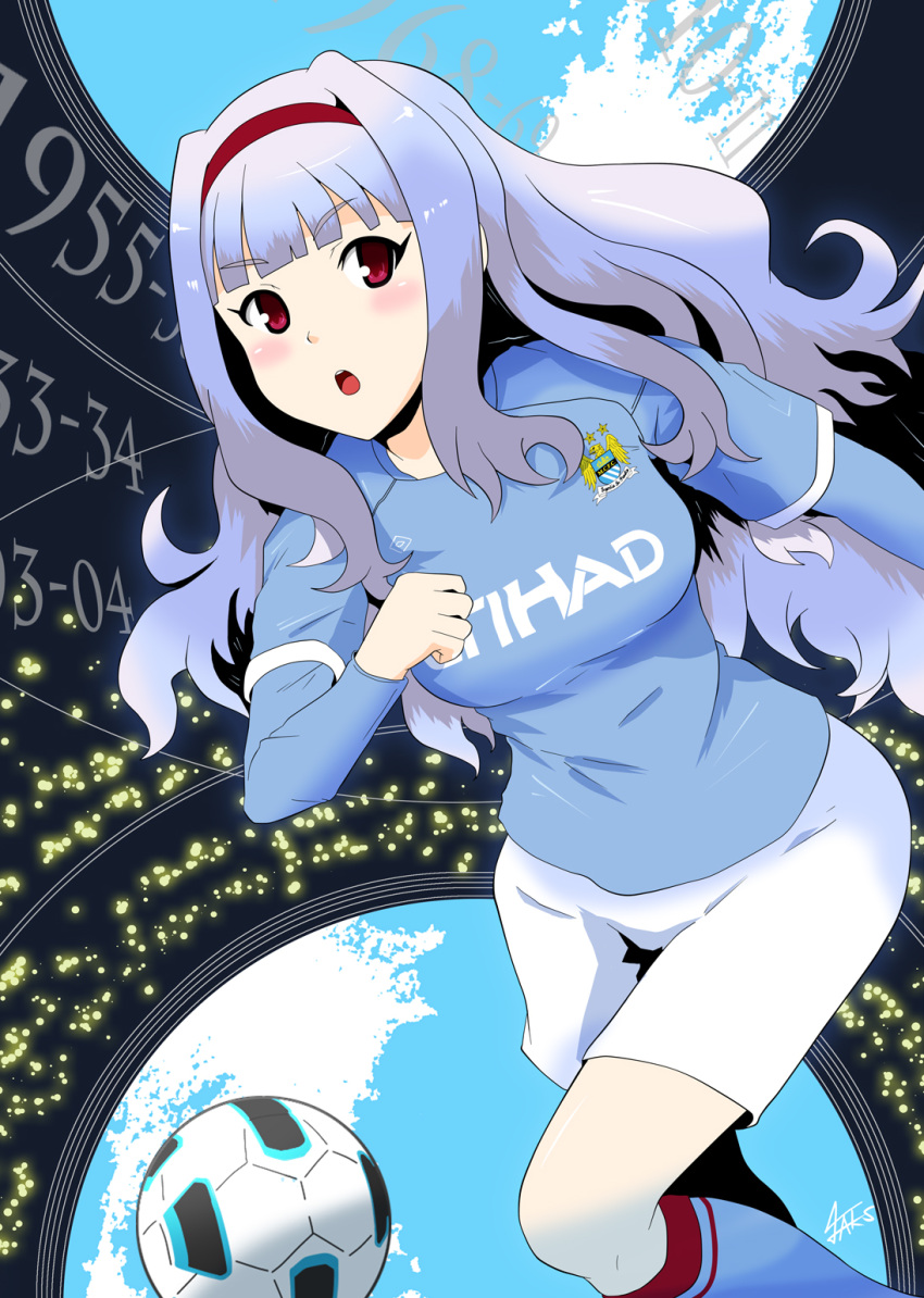 ball, breasts, clothes_writing, clothing_writing, hairband, highres, idolmaster, large_breasts