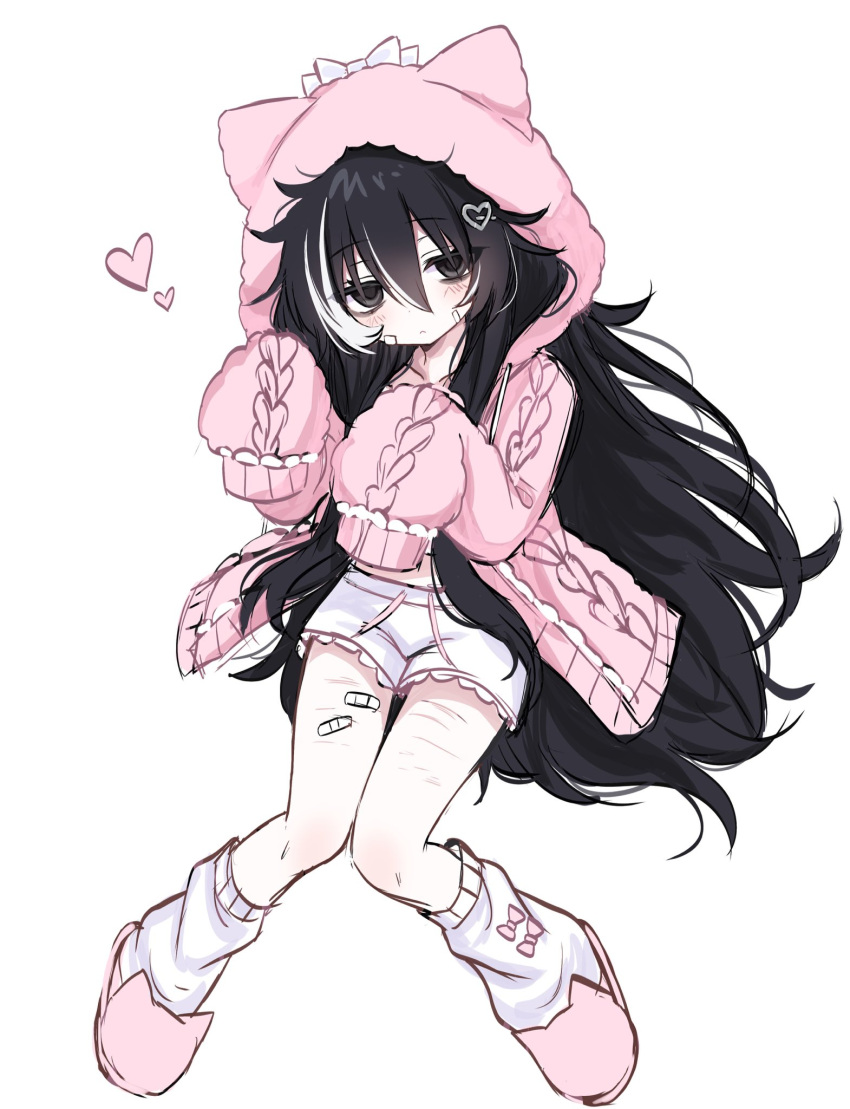 1girl, :<, animal_hood, animal_slippers, bags_under_eyes, bandaid_on_thigh, black_eyes, black_hair