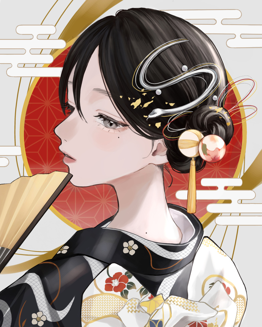 1girl, absurdres, aoiame, back_bow, black_hair, black_kimono, bow, chinese_zodiac