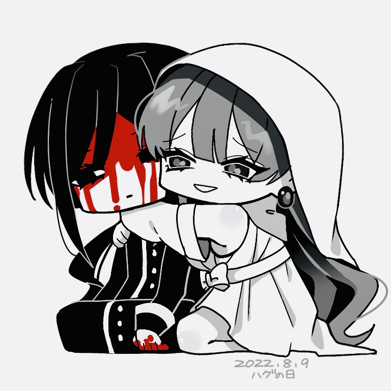 1boy, 1girl, 2022, :d, astraea_(guchiry), bare_shoulders, blood, blood_from_forehead