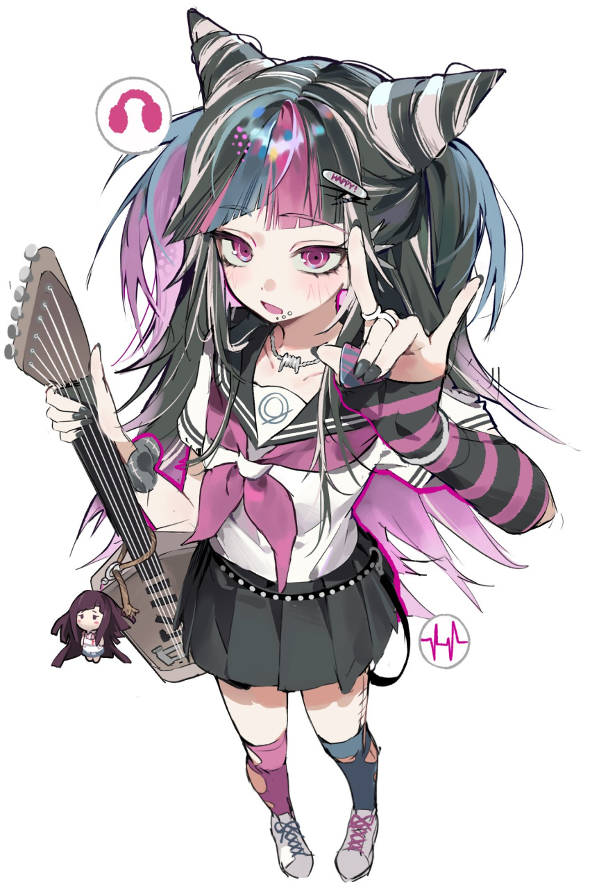 1girl, ahha3_good, asymmetrical_legwear, black_hair, black_nails, black_skirt, blue_streaks, blush, commentary, danganronpa_(series), danganronpa_2:_goodbye_despair, ear_piercing, eyelashes, face_piercing, fox_shadow_puppet, from_above, gloves, guitar, hair_horns, highres, holding, holding_guitar, holding_instrument, instrument, jewelry, lip_piercing, long_hair, looking_at_viewer, mioda_ibuki, mismatched_legwear, mouth_piercing, multicolored_hair, nail_polish, neckerchief, necklace, open_mouth, piercing, pink_eyes, pink_neckerchief, pink_streaks, pleated_skirt, sailor_collar, scene_fashion, school_uniform, serafuku, shirt, short_sleeves, skirt, solo, standing, striped_clothes, striped_gloves, thigh-highs, torn_clothes, torn_thighhighs, triple_side_labret_piercing, white_background, white_streaks