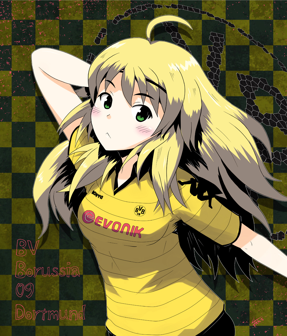 :<, adjusting_hair, ahoge, blonde_hair, borussia_dortmund, breasts, checkered, checkered_background