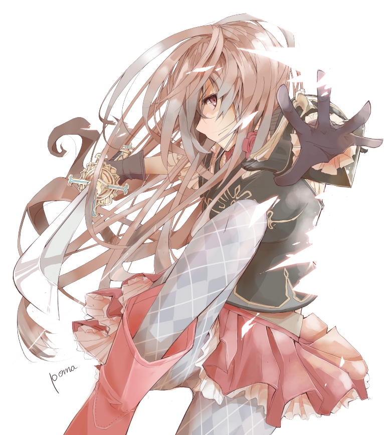 argyle_legwear, armor, boots, brown_eyes, brown_hair, eida@renshuuchuu, fantasy_earth_zero, gloves