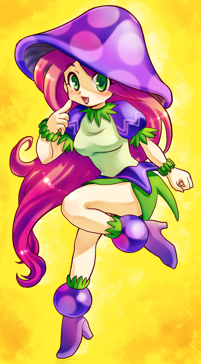breath_of_fire_ii, demerin, dress, green_eyes, hat, long_hair, magenta_hair, mushroom_girl