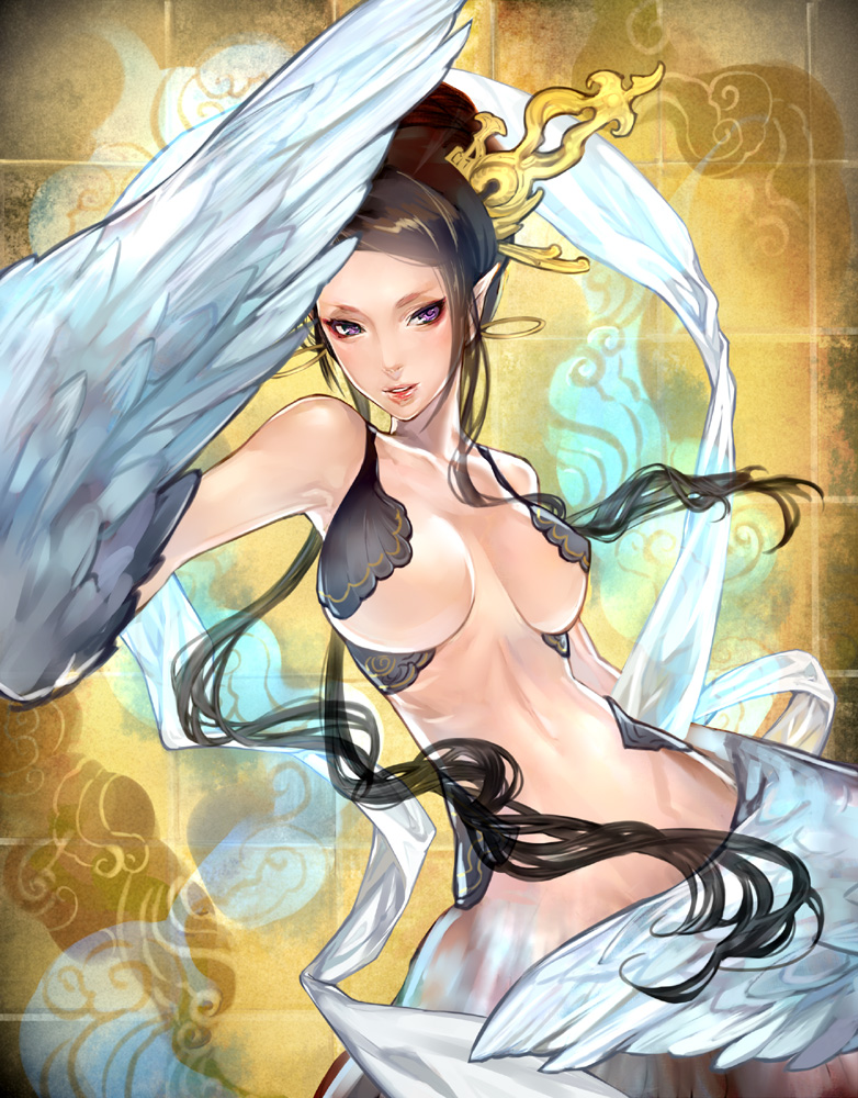 breasts, brown_hair, earrings, harpy, hitowa, jewelry, monster_girl, original, pointy_ears, purple_eyes, solo, violet_eyes, wings