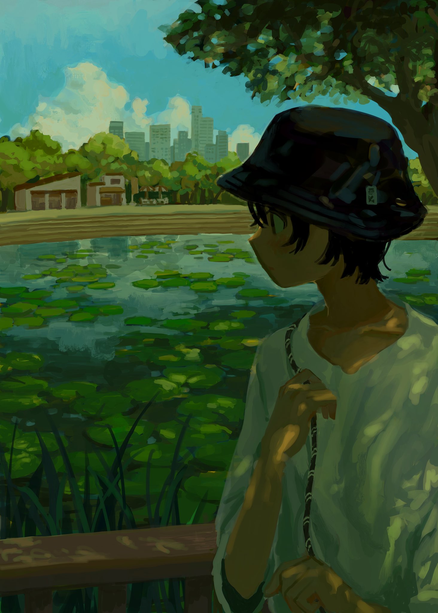 1girl, black_hair, black_hat, bucket_hat, building, clouds, dappled_sunlight, day, from_side, hat, highres, lily_pad, oimoti_tn, original, outdoors, pond, profile, scenery, shirt, short_hair, skyline, solo, sunlight, tree, water, white_shirt