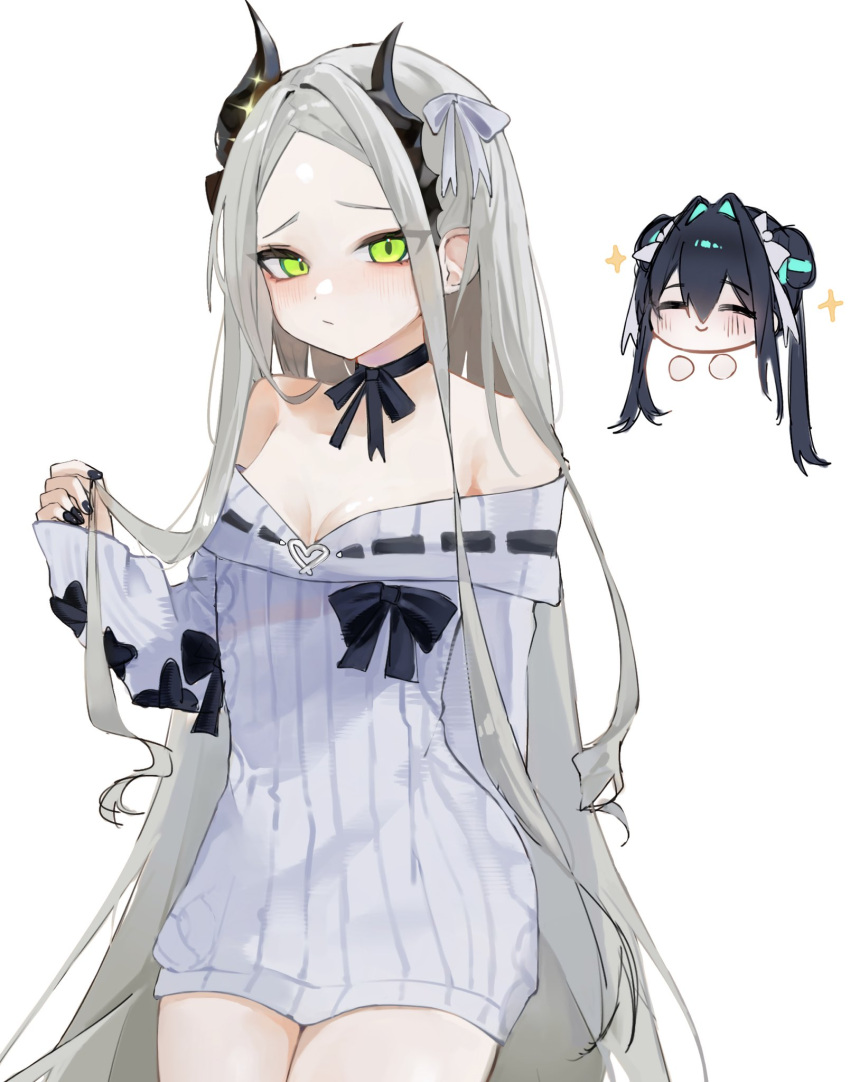 2girls, bare_shoulders, black_horns, black_nails, breasts, dress, forehead, goddess_of_victory:_nikke, green_eyes, grey_hair, grey_sweater, hair_bun, hair_ornament, hair_ribbon, highres, horns, leviathan_(nikke), little_mermaid_(beautiful_bubble)_(nikke), little_mermaid_(nikke), long_hair, looking_at_viewer, multicolored_hair, multiple_girls, off-shoulder_sweater, off_shoulder, official_alternate_costume, ribbed_dress, ribbon, rkunfeilfx17624, simple_background, small_breasts, streaked_hair, sweater, sweater_dress, white_background