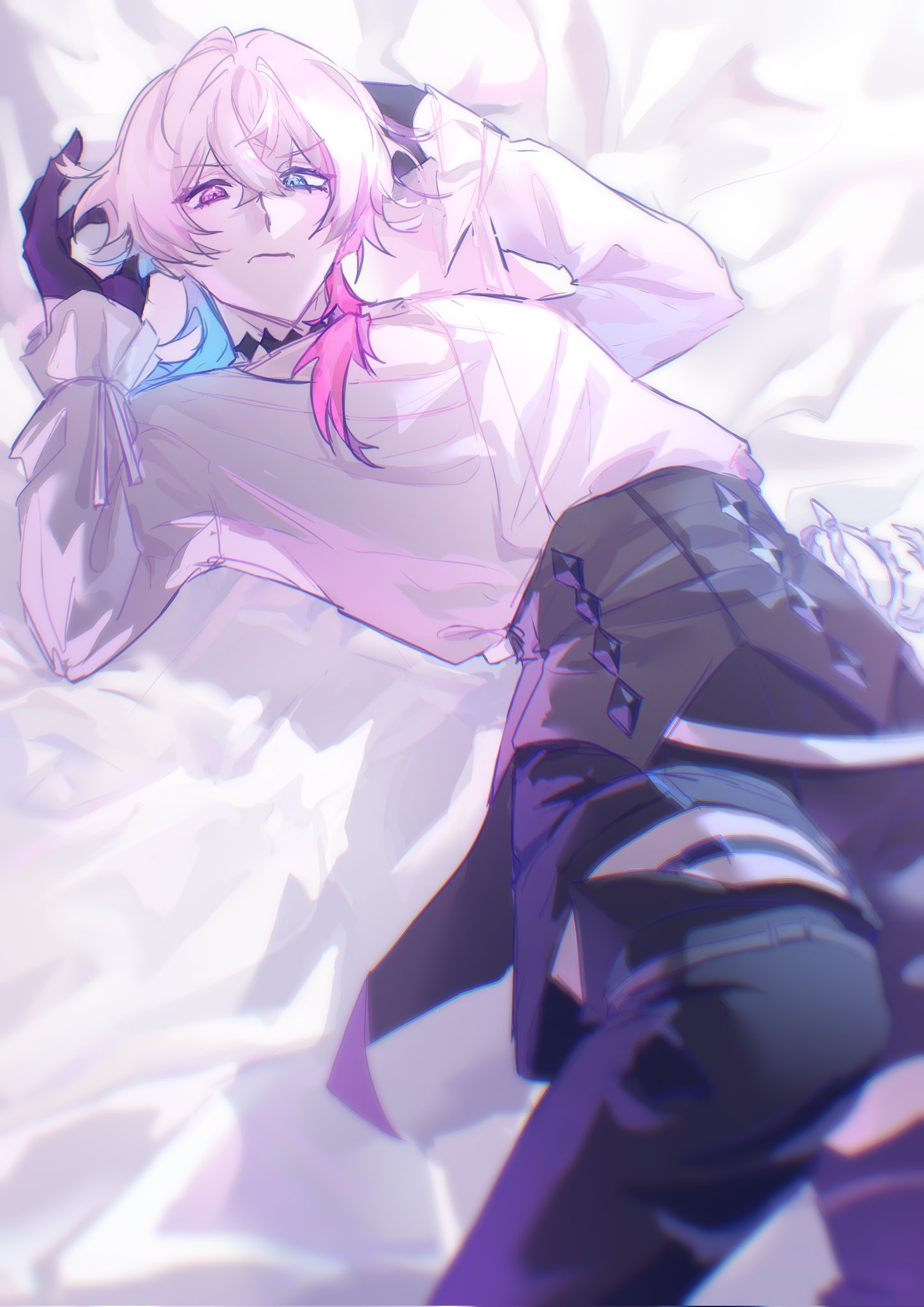 1boy, alister_(aifswrr), bed_sheet, bishounen, black_gloves, black_shorts, blue_eyes, blue_hair