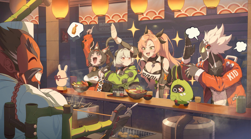 anby_demara, animal_ears, billy_kid, general_chop_(zenless_zone_zero), long_hair, multiple_boys, multiple_girls, nekomiya_mana