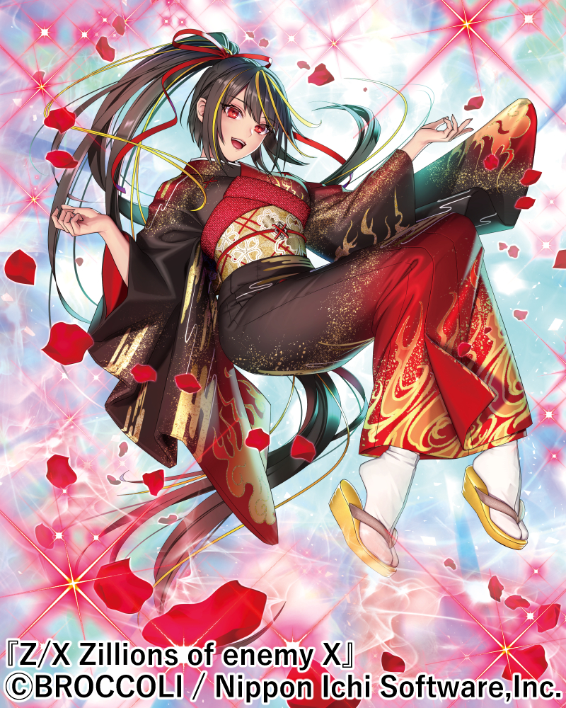 1girl, black_hair, blonde_hair, copyright_notice, geta, hair_ribbon, high_ponytail, ichibakase_hajime, japanese_clothes, kimono, long_hair, multicolored_hair, official_art, open_mouth, ponytail, red_eyes, red_petals, red_ribbon, ribbon, ryuki@maguro-ex, socks, solo, sparkle, teeth, upper_teeth_only, white_socks, z/x