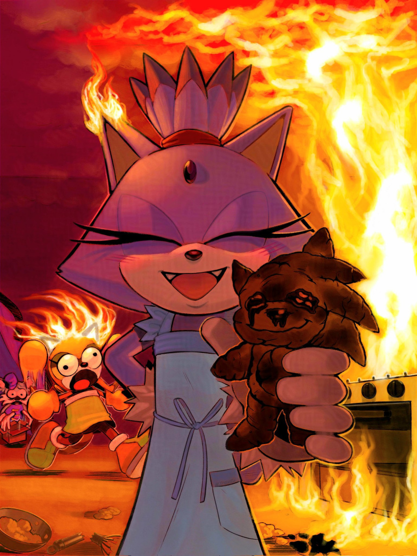 1boy, 2girls, animal_ears, apron, baking_my_long_distance_bf_into_a_cookie_because_i_miss_him_(meme), blaze_the_cat, burning, burning_clothes