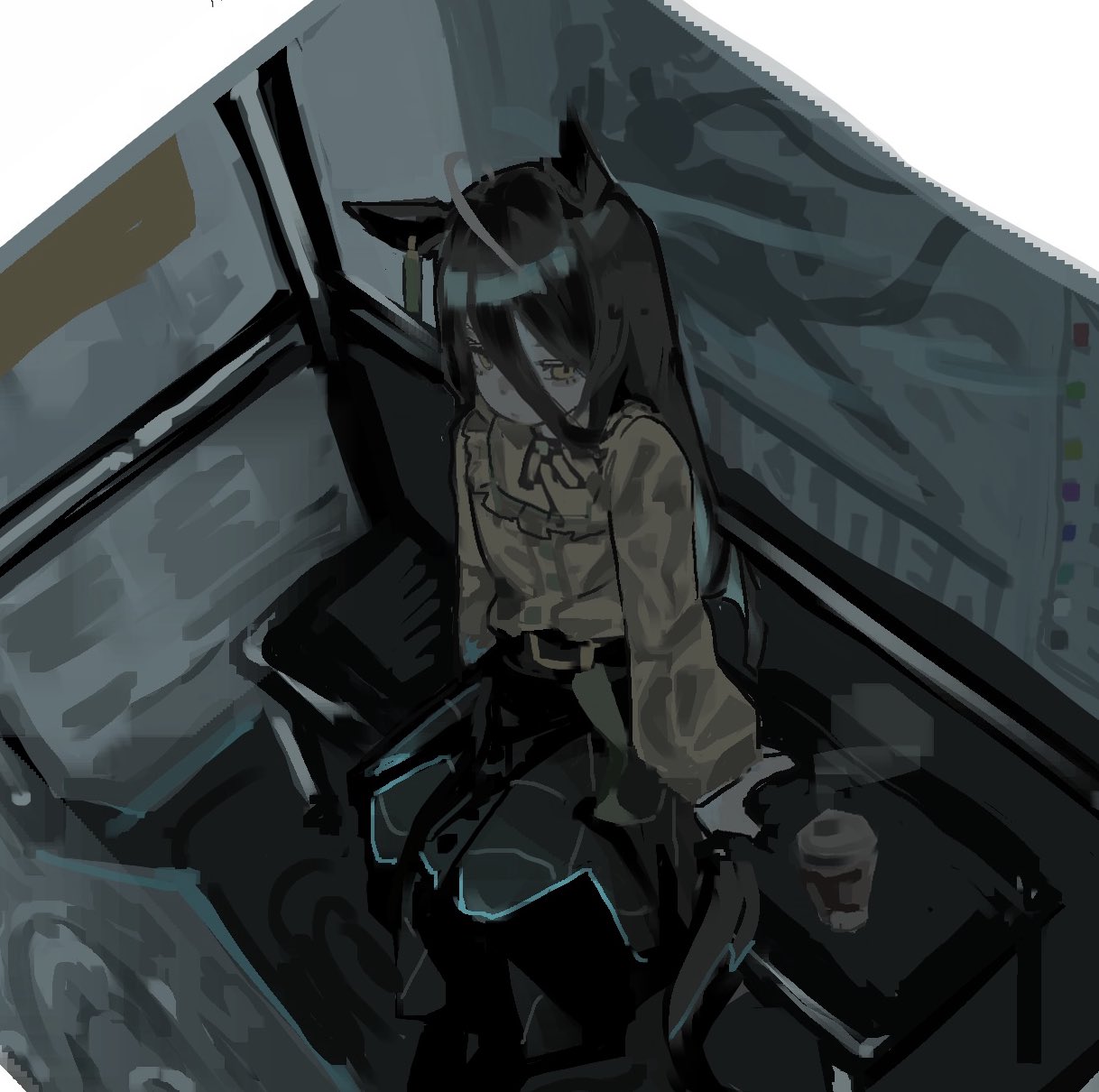 1girl, ahoge, belt, bench, black_belt, black_hair, black_skirt, cup