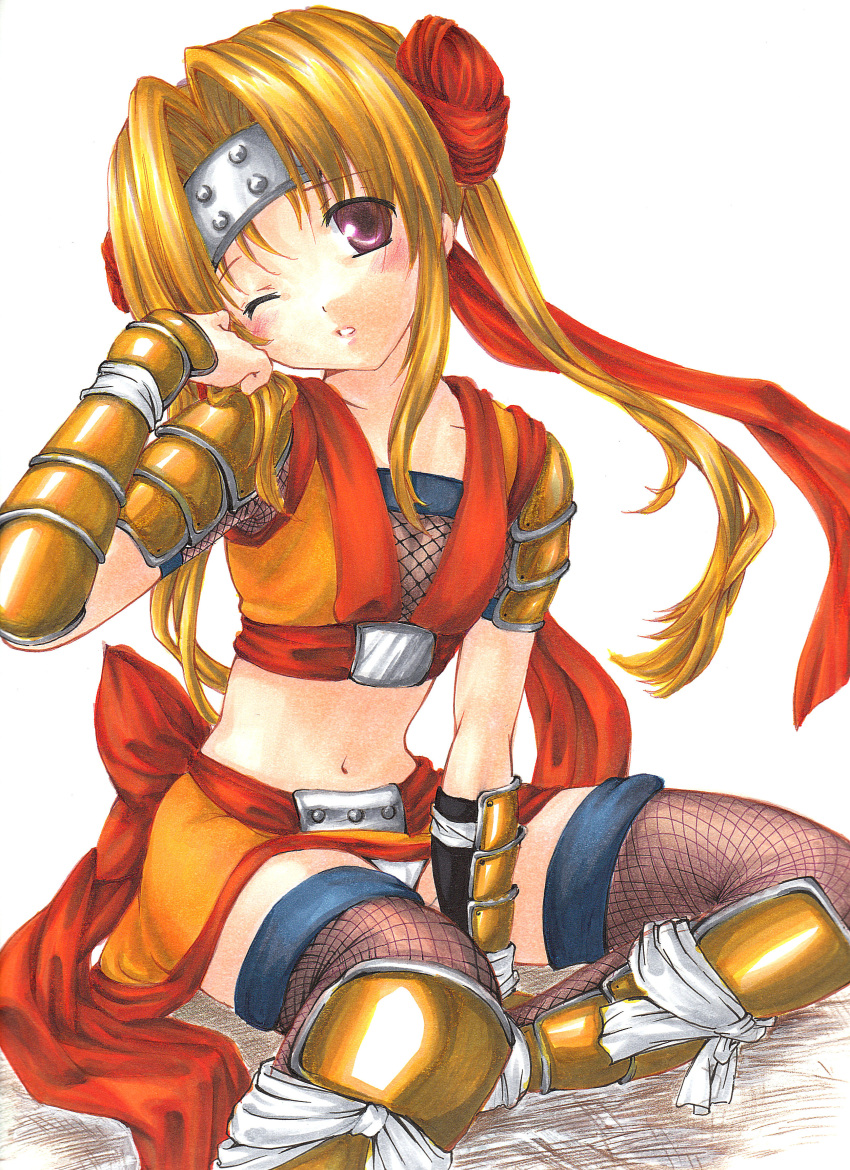 absurdres, armor, blonde_hair, blush, bow, colored_pencil_(medium), headband, hide_yoshino
