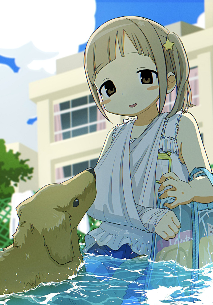 1girl, animal, arm_sling, bag, bandaged_arm, bandages, blush_stickers, brown_hair