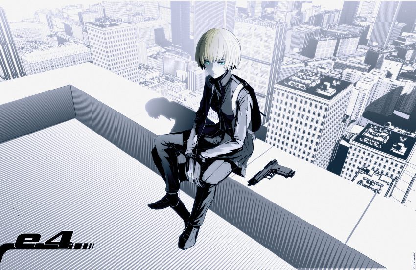 arsenixc, blonde_hair, city, cityscape, gun, handgun, heckler_&amp;_koch, highres