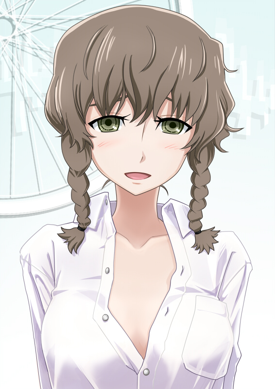 blush, braid, brown_hair, green_eyes, open_clothes, open_mouth, open_shirt, shirt, solo, steins;gate, twin_braids, urokozuki
