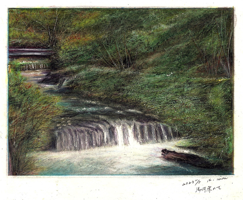 baden_hiroshi, border, colored_pencil_(medium), commentary_request, day, forest, highres, landscape