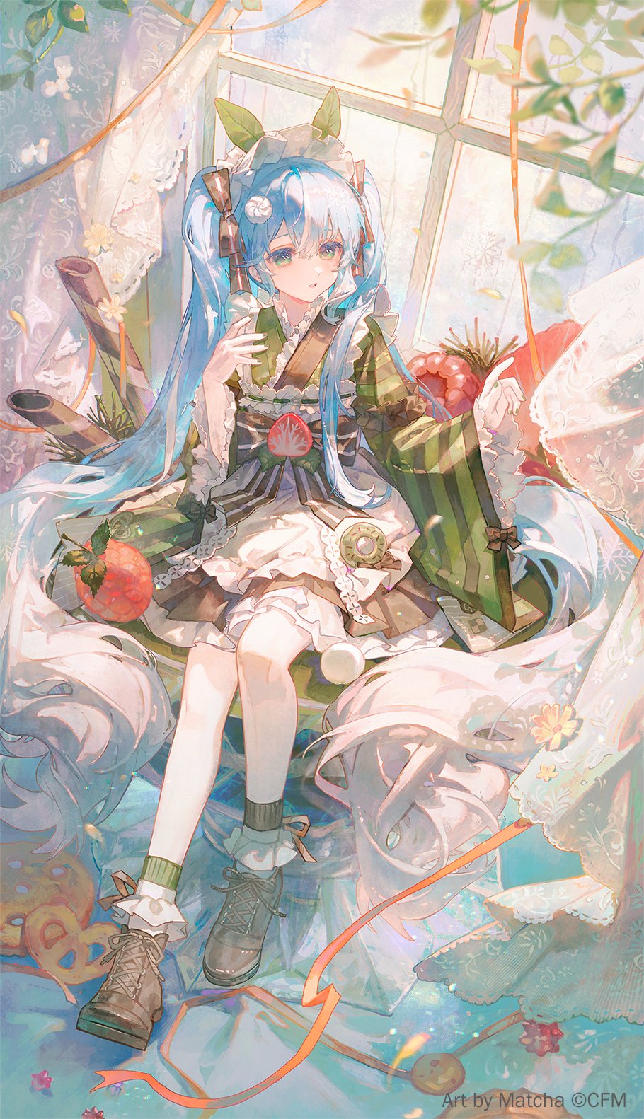 1girl, apron, black_skirt, blue_eyes, blue_hair, commentary_request, copyright_notice, cracker