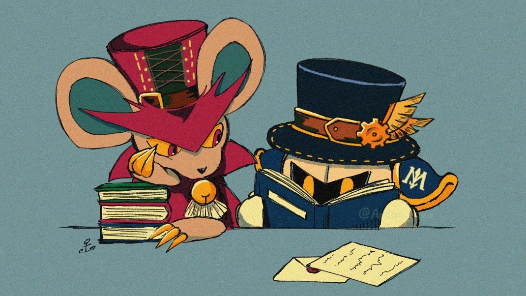 2boys, anchor_026, animal_ears, blue_background, blue_hat, book, book_stack, cape, claws, colored_sclera, commentary_request, daroach, envelope, furry, furry_male, hat, holding, holding_book, kirby_(series), letter, looking_at_another, male_focus, mask, meta_knight, mouse_boy, mouse_ears, multiple_boys, open_book, reading, red_cape, red_eyes, red_hat, signature, top_hat, yellow_eyes, yellow_sclera