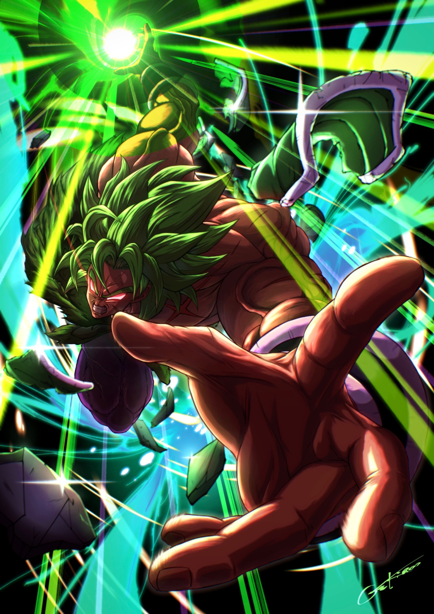 1boy, armor, bracer, broken_armor, broly_(dragon_ball_super), clenched_teeth, colored_sclera, cross_scar