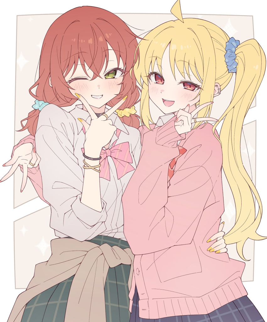 2girls, ahoge, blonde_hair, blue_scrunchie, bocchi_the_rock!, border, bow, bowtie