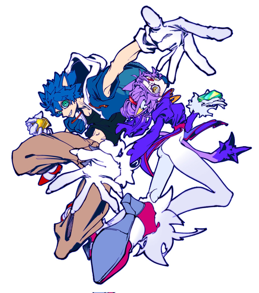 1boy, 1girl, @_@, black_shirt, blaze_the_cat, blue_hair, blue_jacket, bodysuit, brown_pants, chaos_emerald, commentary_request, dress, gloves, high_heels, highres, holding, hood, hoodie, humanization, jacket, looking_at_viewer, outstretched_arms, pants, purple_dress, purple_hair, shirt, shoes, smile, sol_emerald, sonic_(series), sonic_the_hedgehog, white_background, white_bodysuit, yamika_(yamivibe_7)