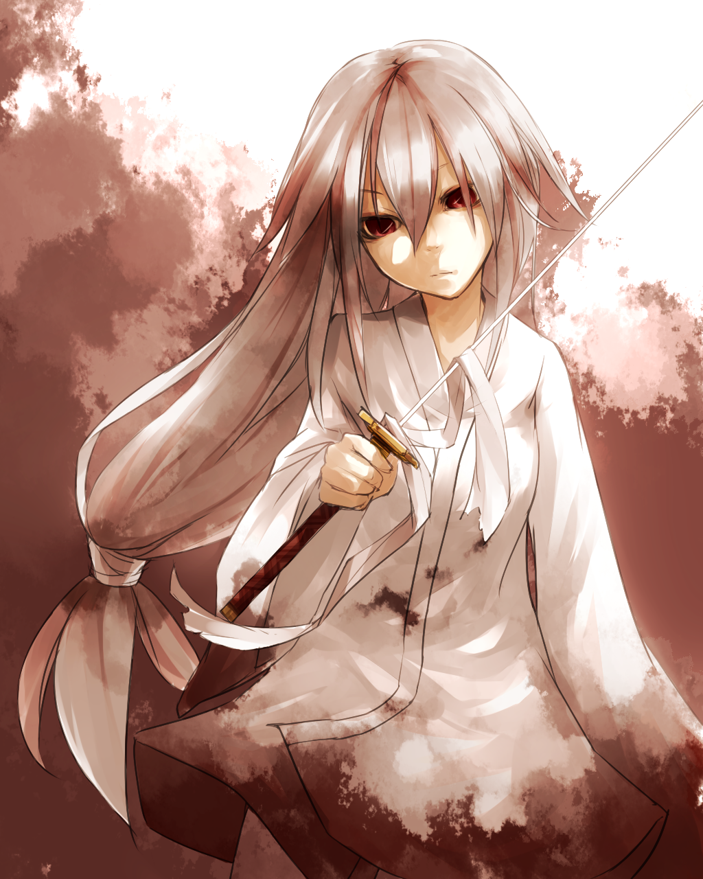 blood_stain, bloodstains, highres, japanese_clothes, katana, long_hair, multicolored_hair, original, red_eyes, red_hair, redhead, sigure_(drizzle), silver_hair, solo, sword, very_long_hair, weapon