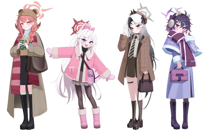 4girls, 82jhin, alternate_costume, alternate_hairstyle, animal_ears, aru_(blue_archive), bag, beanie