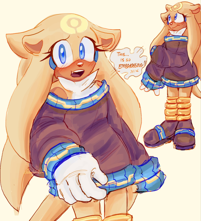 1girl, alternate_costume, bare_shoulders, blue_eyes, blush, embarrassed, english_text, eyelashes