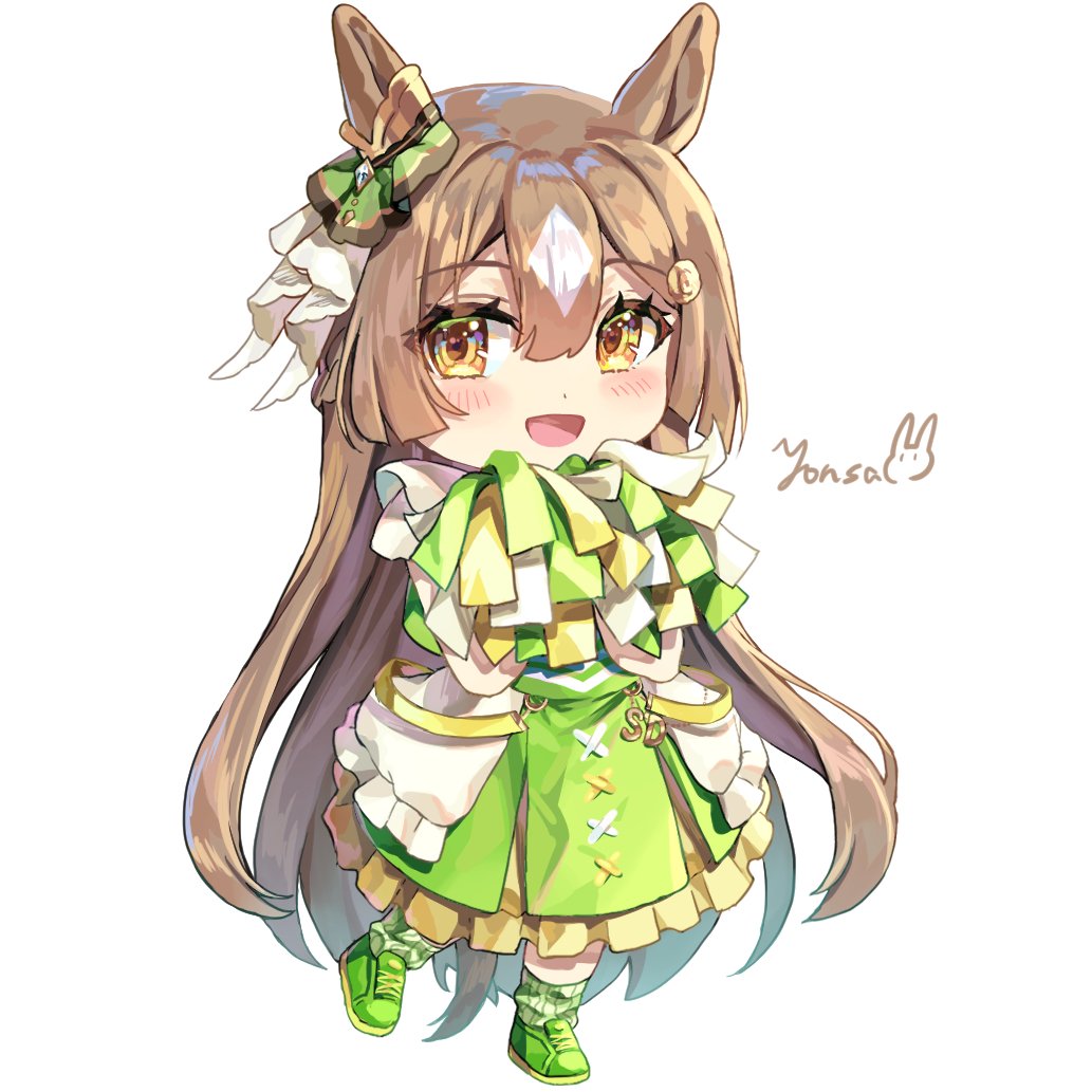 1girl, animal_ears, blush, braid, brown_eyes, brown_hair, cheerleader, chibi