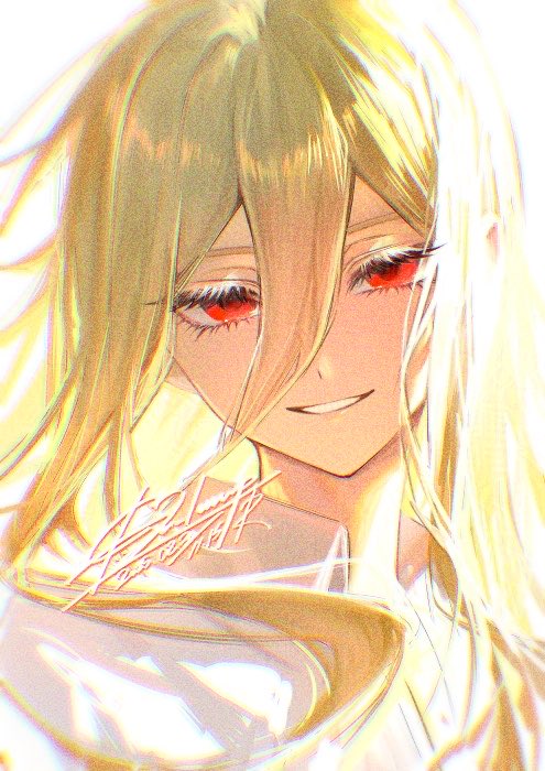1girl, blonde_hair, character_request, copyright_request, long_hair, lu_lamup, parted_lips, red_eyes