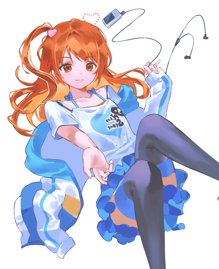 1girl, aeri_(aerikatsu), amamiya_rizumu, black_thighhighs, blue_skirt, brown_eyes, digital_media_player, earphones