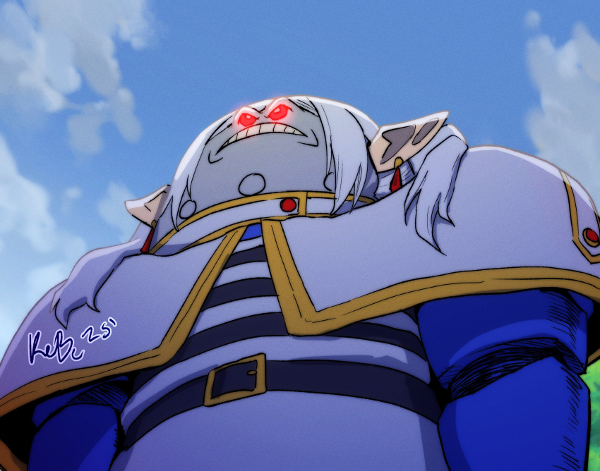 1other, belt, blue_sky, frieren, from_below, fusion, glowing, glowing_eyes