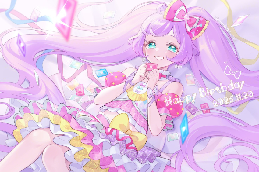 1girl, bare_shoulders, bow, card, commentary, cropped_shirt, dated, detached_sleeves